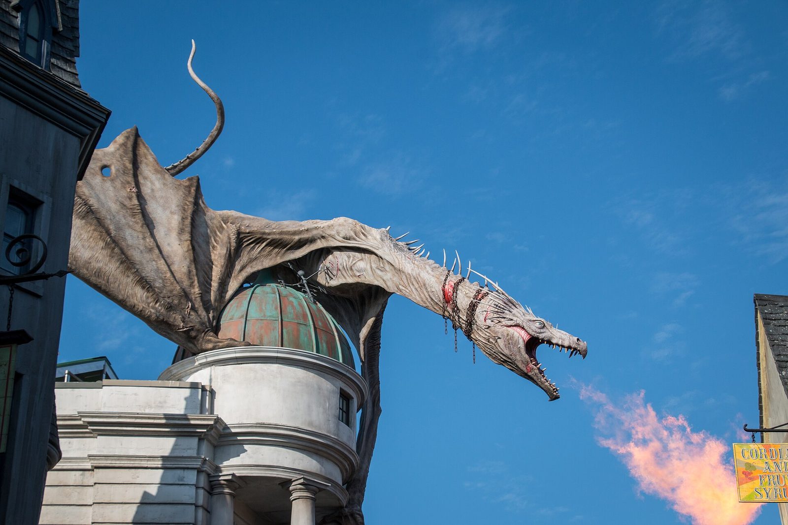 The dragon breathing fire on top of Gringotts bank in Diagon Alley at Universal Studios Florida
