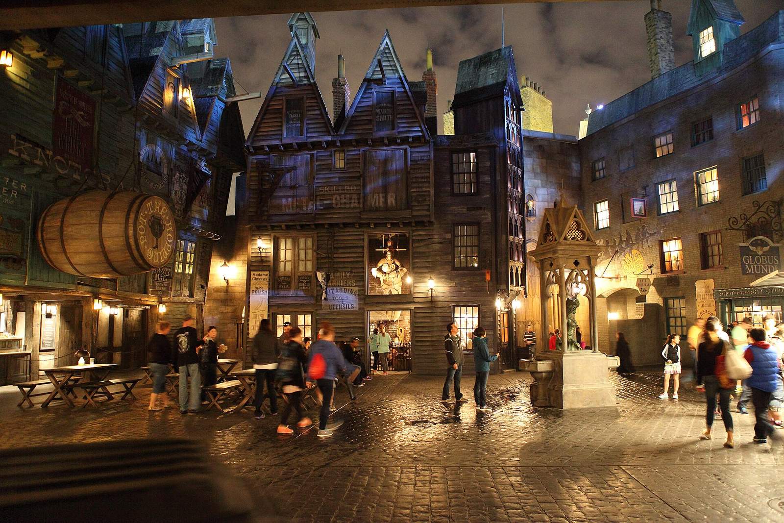 Diagon Alley at Universal Studios Florida lit up at night