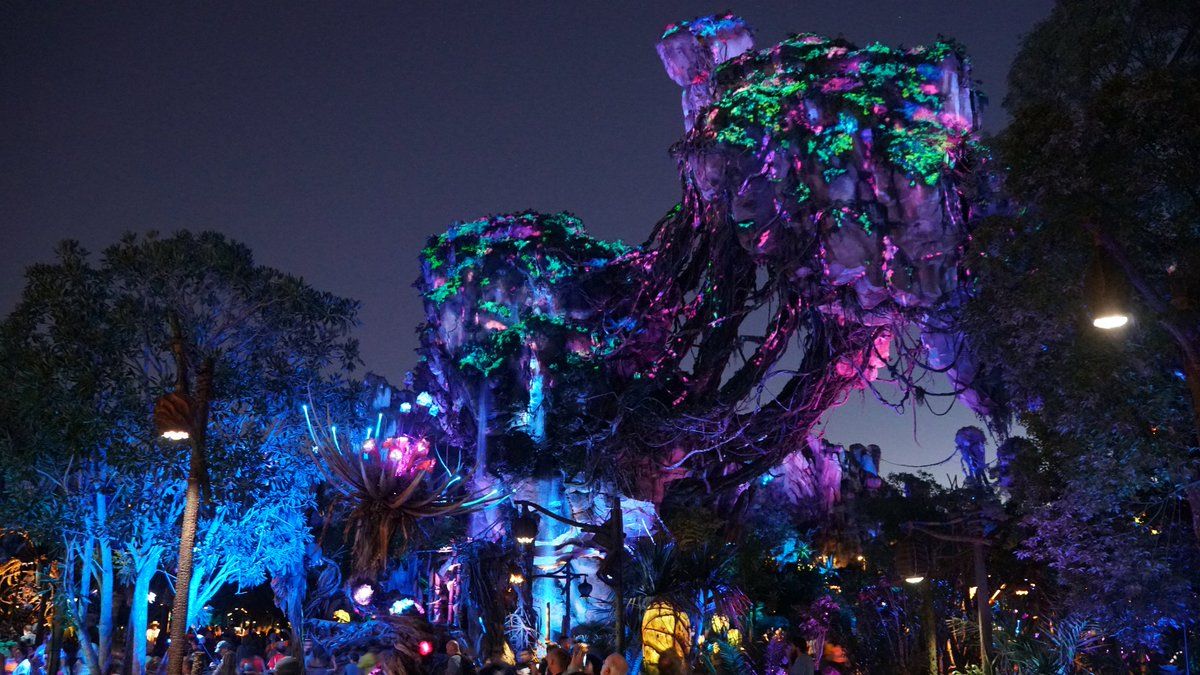 Pandora – The World of Avatar lit up with bioluminescent plants at night