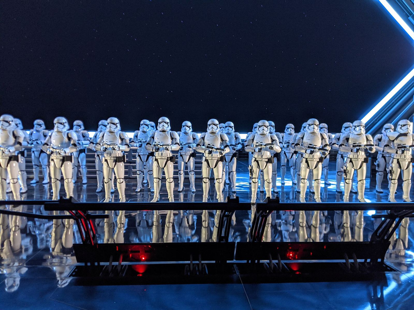 Rows of stormtroopers lining the Star Destroyer hangar inside Star Wars: Rise of the Resistance at Disney's Hollywood Studios