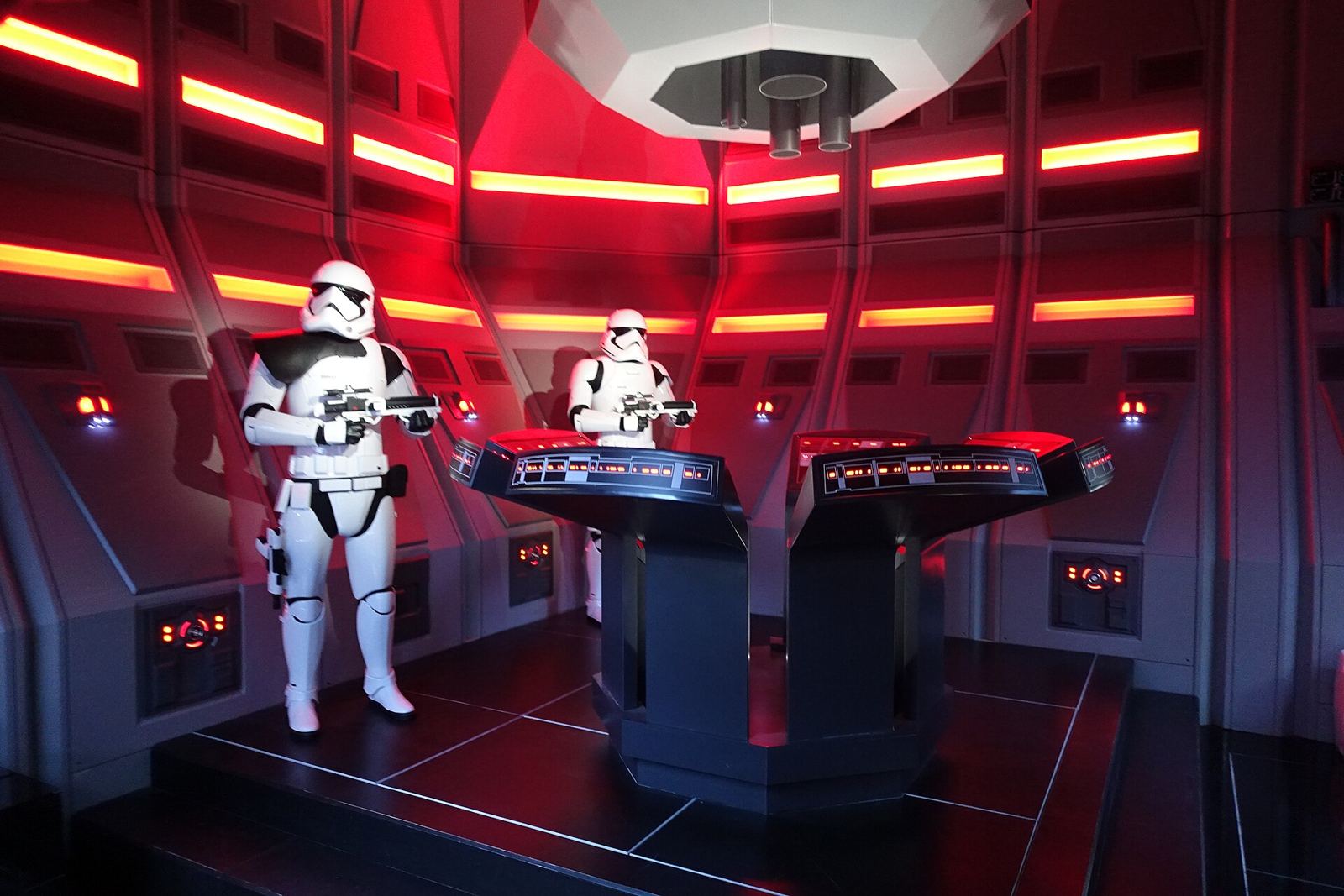 A stormtrooper on the bridge of the First Order Star Destroyer during Star Wars: Rise of the Resistance